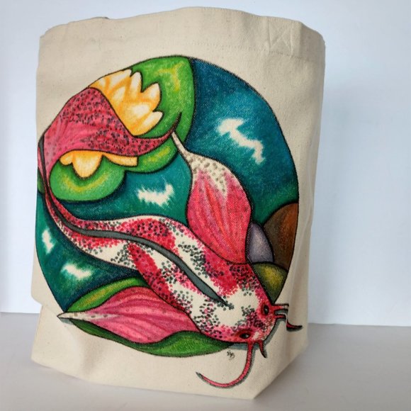 Hand Painted Tote Bag with Pink Koi Fish in Pond  13.5x13.5x3.5 NWT Handmade - Picture 3 of 16
